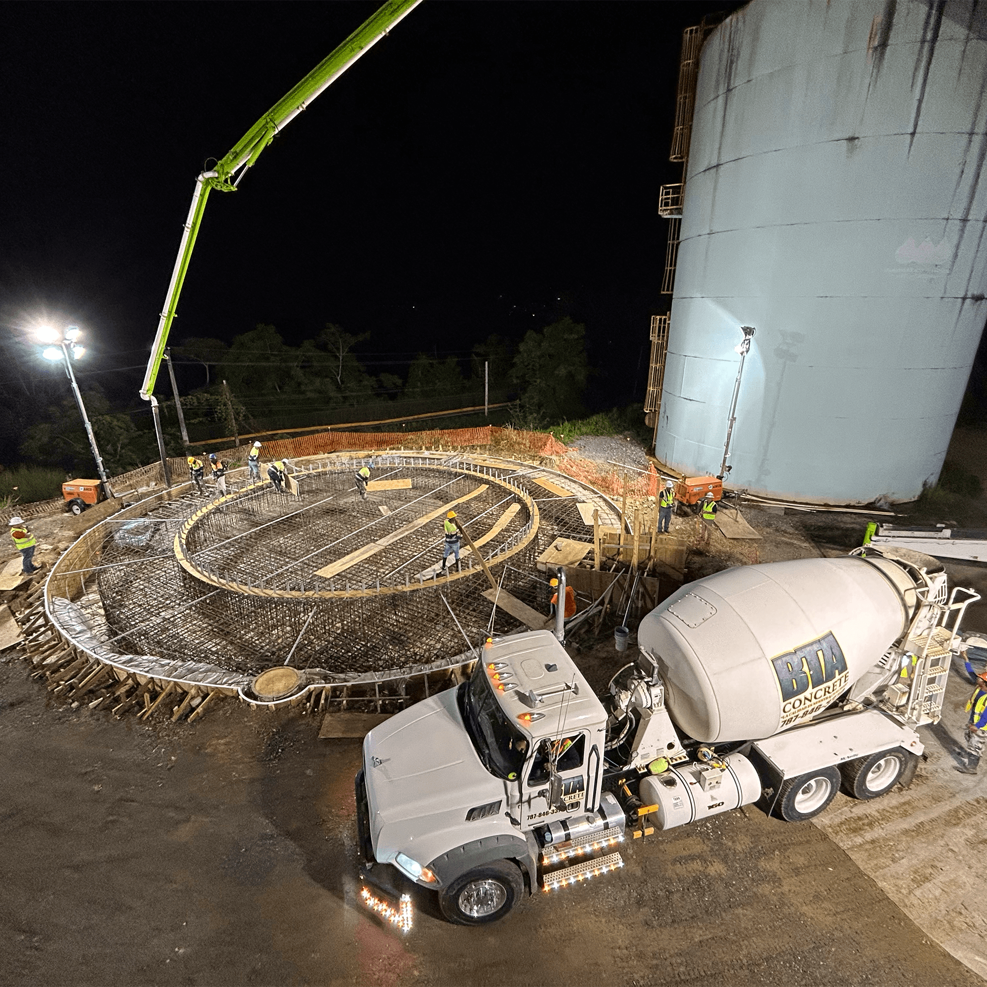 BTA Concrete night-time ready-mix pour on a project site in Puerto Rico